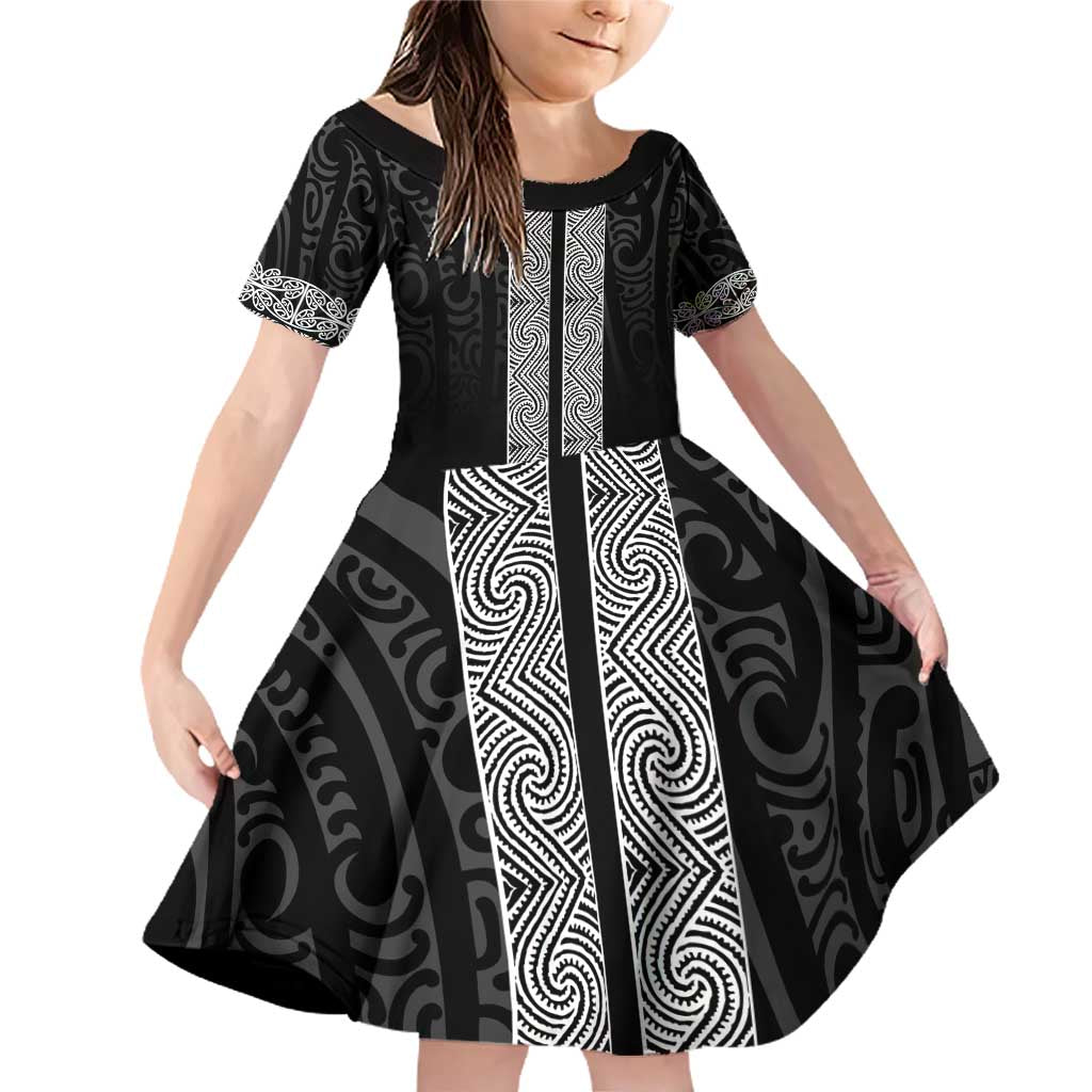 New Zealand Maori Kowhaiwhai Family Matching Off Shoulder Short Dress and Hawaiian Shirt Pango Maui and Mangopare LT9 Daughter's Dress Black - Polynesian Pride