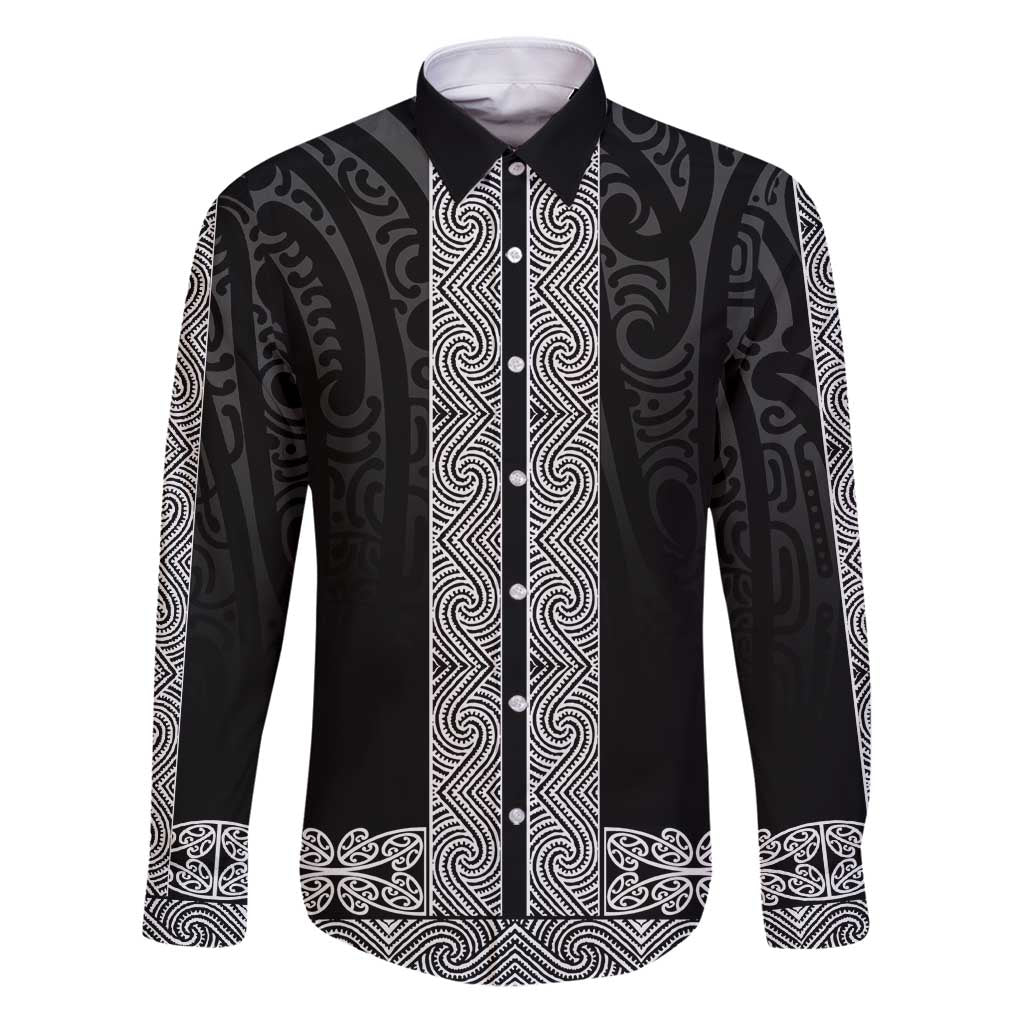 New Zealand Maori Kowhaiwhai Family Matching Puletasi and Hawaiian Shirt Pango Maui and Mangopare LT9 Dad's Shirt - Long Sleeve Black - Polynesian Pride