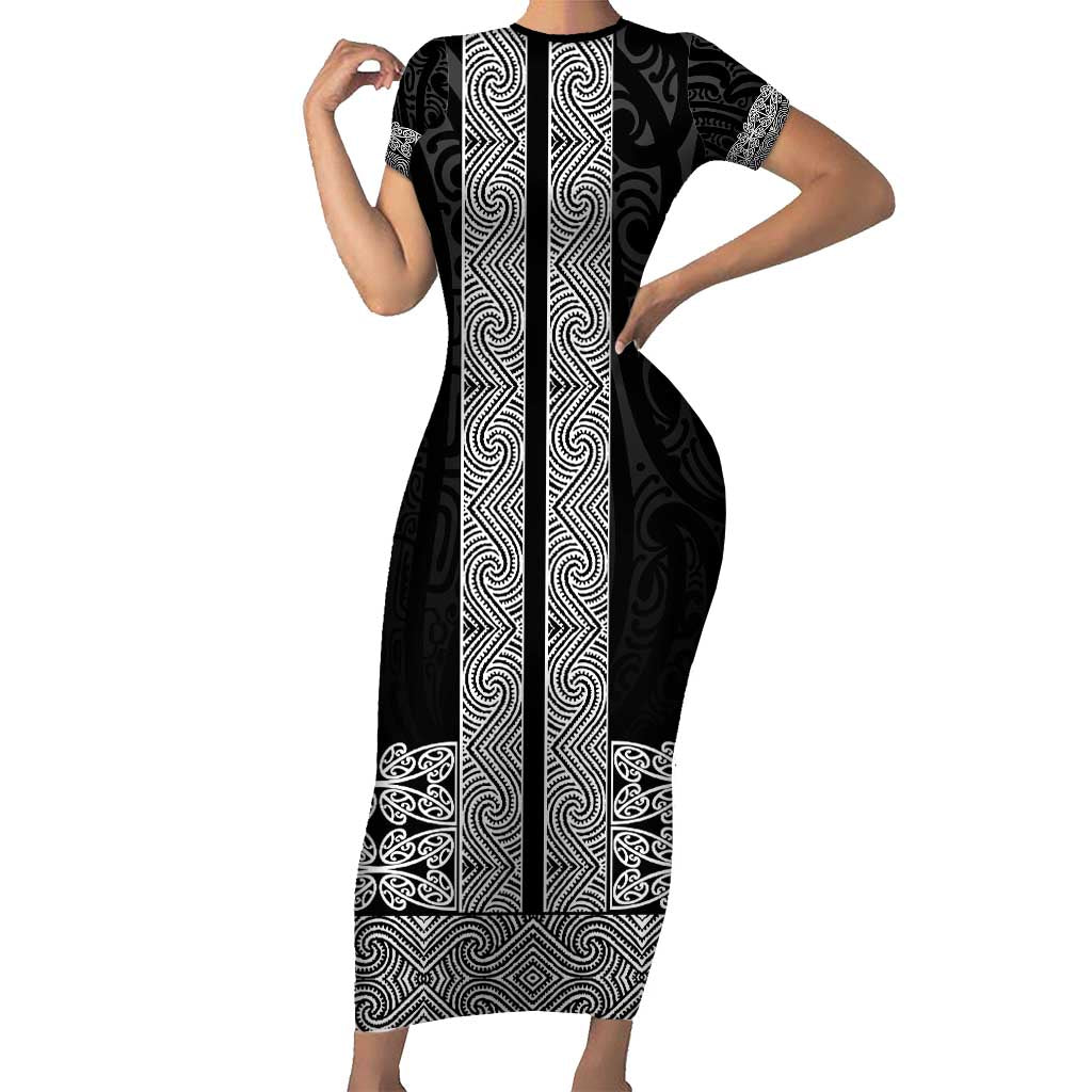 New Zealand Maori Kowhaiwhai Family Matching Short Sleeve Bodycon Dress and Hawaiian Shirt Pango Maui and Mangopare LT9 Mom's Dress Black - Polynesian Pride