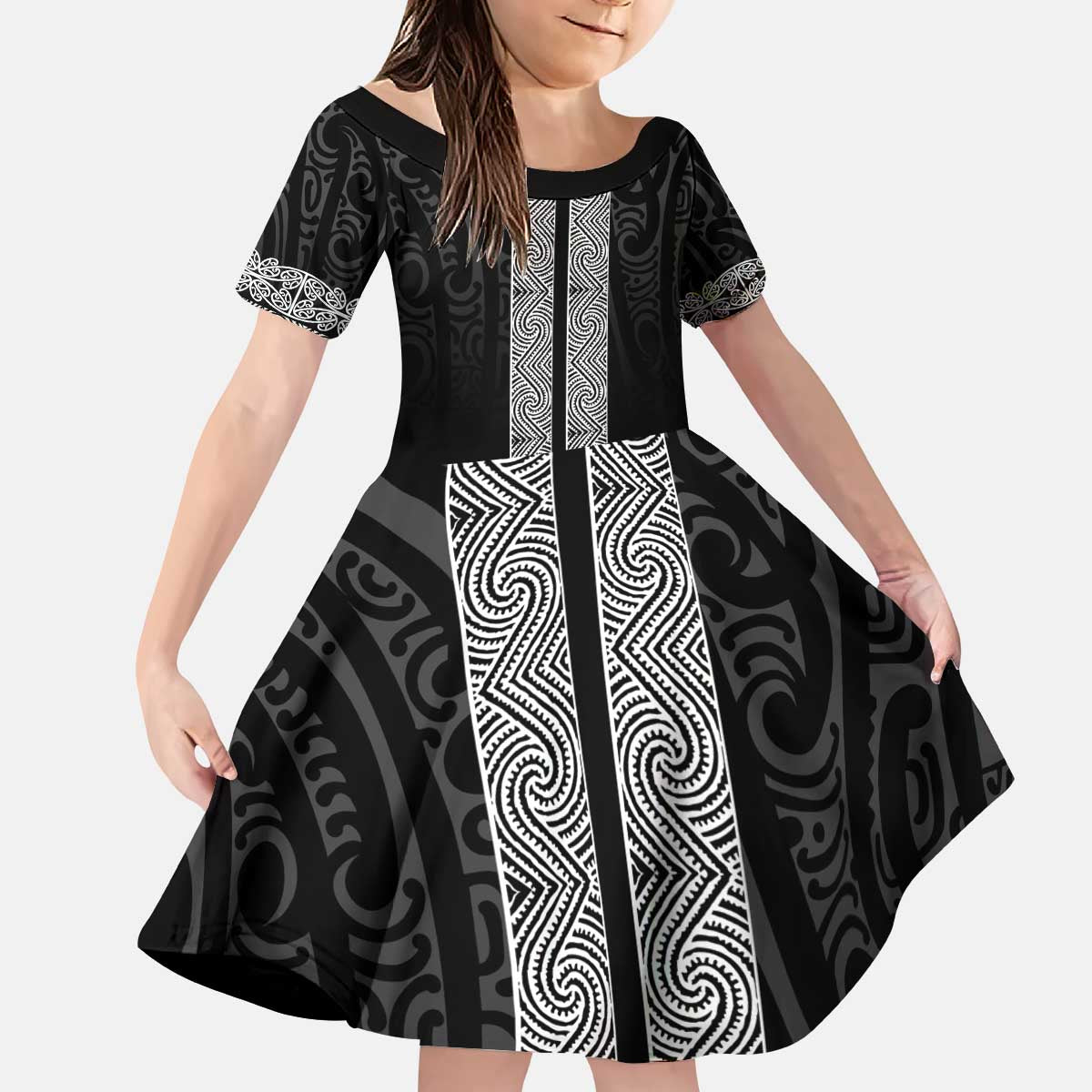 New Zealand Maori Kowhaiwhai Kid Short Sleeve Dress Pango Maui and Mangopare LT9 KID Black - Polynesian Pride