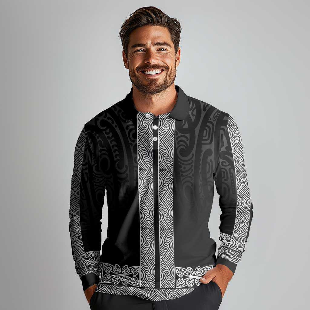 New Zealand Maori Kowhaiwhai Long Sleeve Polo Shirt Pango Maui and Mangopare