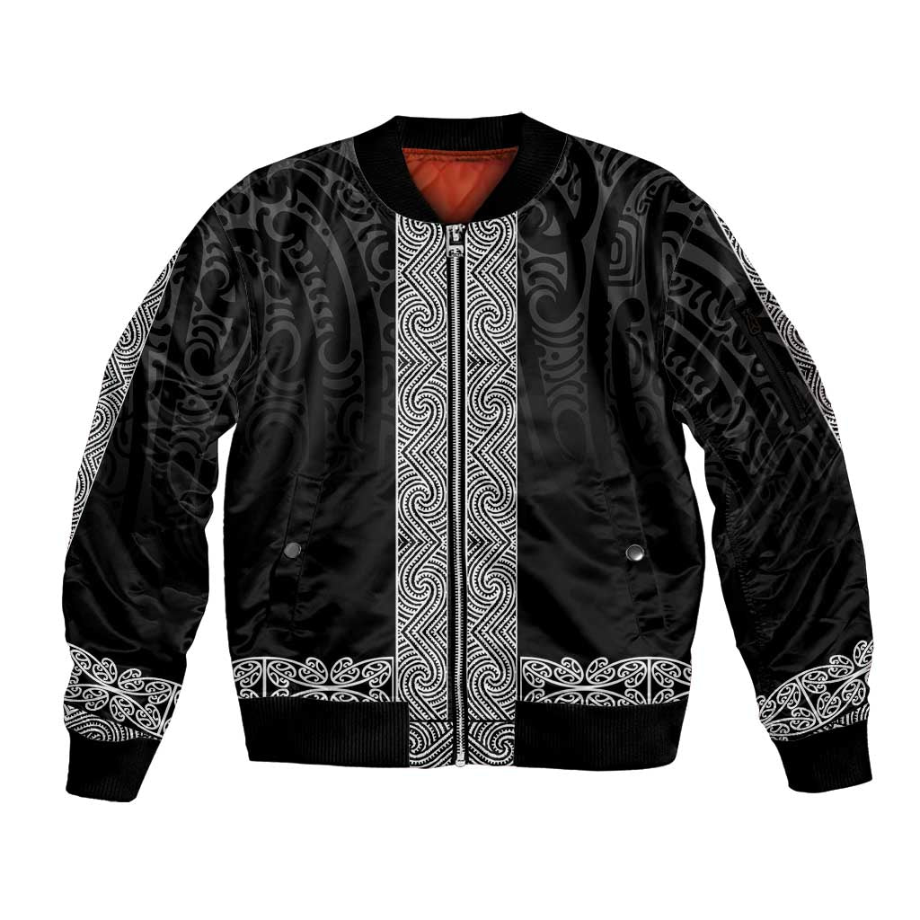 New Zealand Maori Kowhaiwhai Sleeve Zip Bomber Jacket Pango Maui and Mangopare LT9 Unisex Black - Polynesian Pride