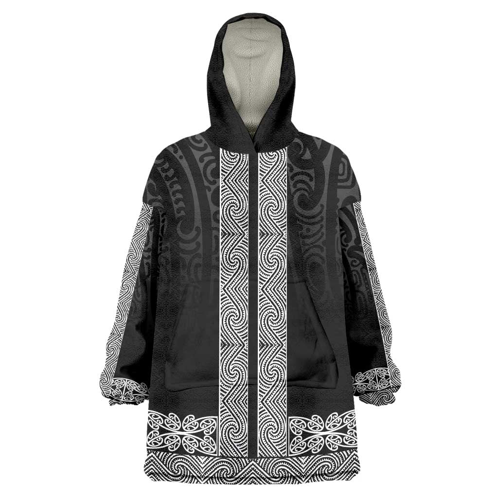 New Zealand Maori Kowhaiwhai Wearable Blanket Hoodie Pango Maui and Mangopare LT9 One Size Black - Polynesian Pride