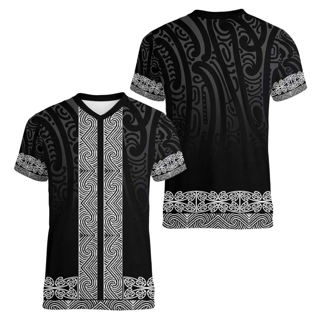 New Zealand Maori Kowhaiwhai Women V-Neck T-Shirt Pango Maui and Mangopare