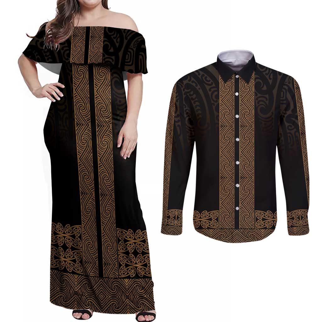 New Zealand Maori Kowhaiwhai Couples Matching Off Shoulder Maxi Dress and Long Sleeve Button Shirt Parauri Maui and Mangopare LT9 Brown - Polynesian Pride