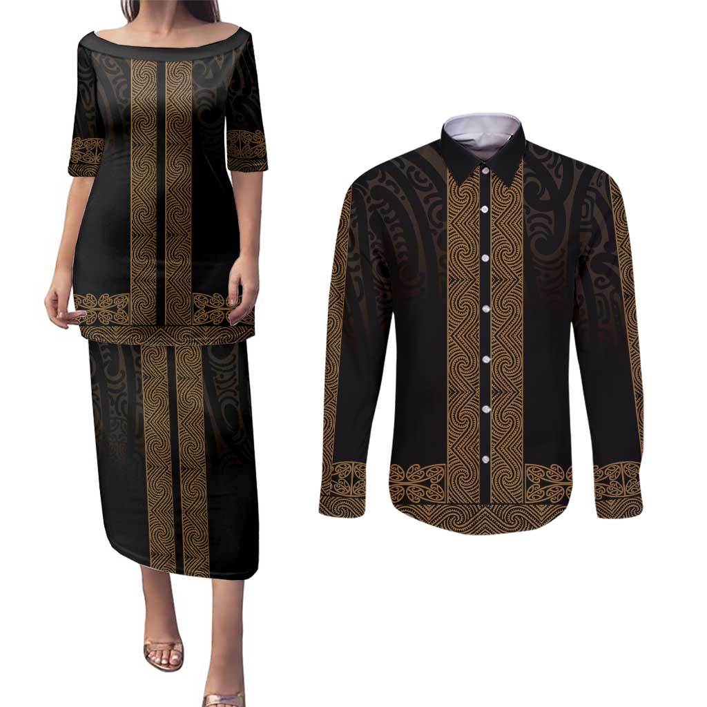 New Zealand Maori Kowhaiwhai Couples Matching Puletasi and Long Sleeve Button Shirt Parauri Maui and Mangopare