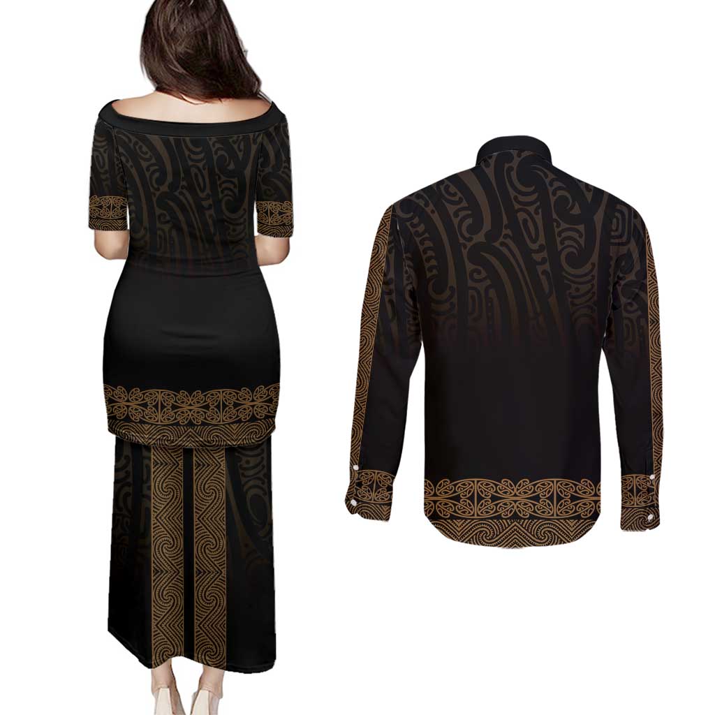 New Zealand Maori Kowhaiwhai Couples Matching Puletasi and Long Sleeve Button Shirt Parauri Maui and Mangopare LT9 - Polynesian Pride