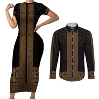 New Zealand Maori Kowhaiwhai Couples Matching Short Sleeve Bodycon Dress and Long Sleeve Button Shirt Parauri Maui and Mangopare LT9 Brown - Polynesian Pride