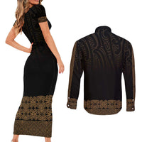 New Zealand Maori Kowhaiwhai Couples Matching Short Sleeve Bodycon Dress and Long Sleeve Button Shirt Parauri Maui and Mangopare LT9 - Polynesian Pride