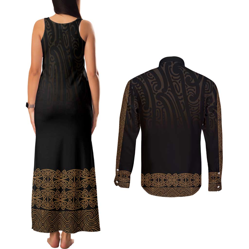 New Zealand Maori Kowhaiwhai Couples Matching Tank Maxi Dress and Long Sleeve Button Shirt Parauri Maui and Mangopare LT9 - Polynesian Pride