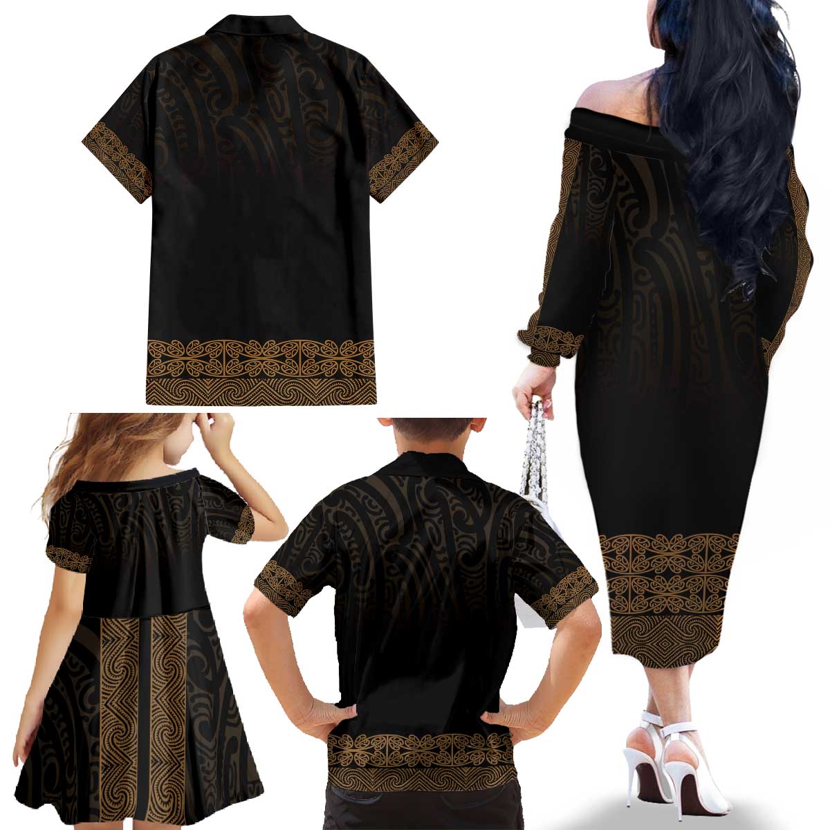 New Zealand Maori Kowhaiwhai Family Matching Off The Shoulder Long Sleeve Dress and Hawaiian Shirt Parauri Maui and Mangopare LT9 - Polynesian Pride