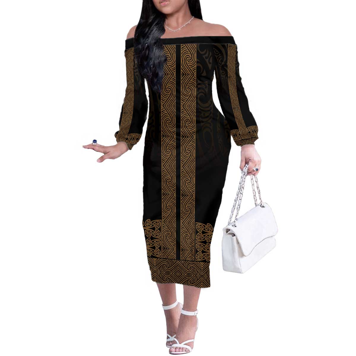 New Zealand Maori Kowhaiwhai Family Matching Off The Shoulder Long Sleeve Dress and Hawaiian Shirt Parauri Maui and Mangopare LT9 Mom's Dress Brown - Polynesian Pride