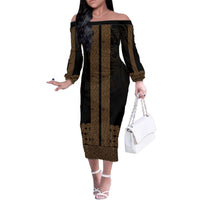 New Zealand Maori Kowhaiwhai Family Matching Off The Shoulder Long Sleeve Dress and Hawaiian Shirt Parauri Maui and Mangopare LT9 Mom's Dress Brown - Polynesian Pride