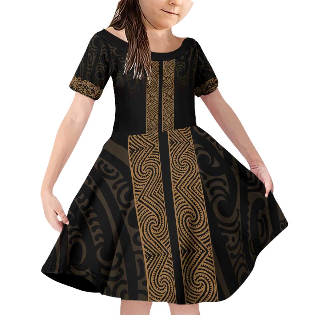 New Zealand Maori Kowhaiwhai Family Matching Off Shoulder Short Dress and Hawaiian Shirt Parauri Maui and Mangopare LT9 Daughter's Dress Brown - Polynesian Pride