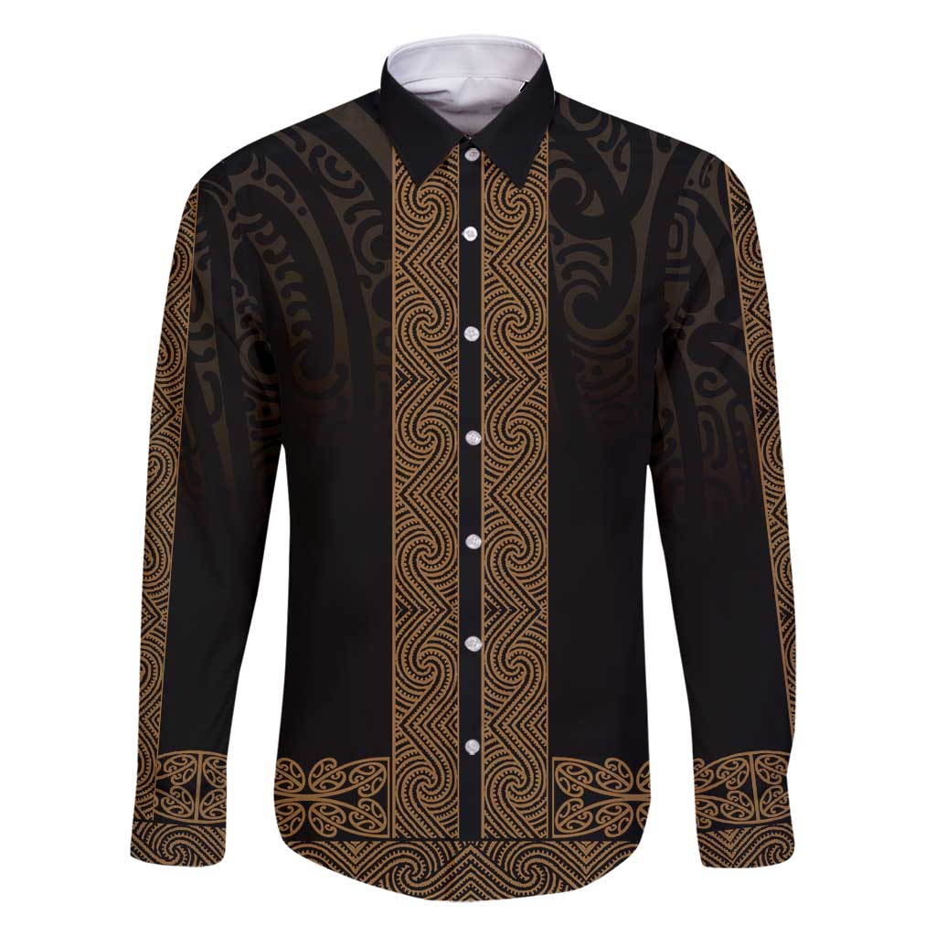 New Zealand Maori Kowhaiwhai Family Matching Off Shoulder Short Dress and Hawaiian Shirt Parauri Maui and Mangopare LT9 Dad's Shirt - Long Sleeve Brown - Polynesian Pride