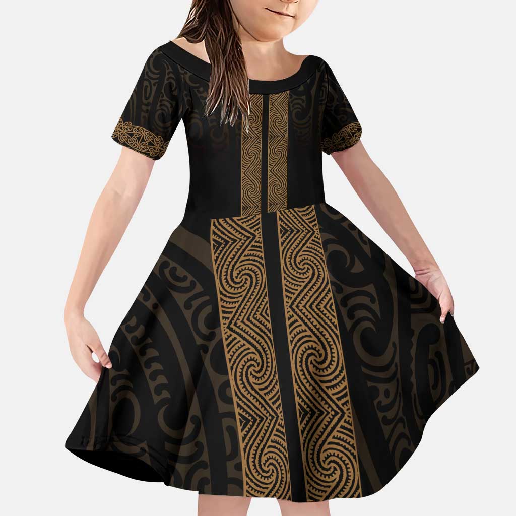 New Zealand Maori Kowhaiwhai Family Matching Puletasi and Hawaiian Shirt Parauri Maui and Mangopare LT9 Daughter's Dress Brown - Polynesian Pride
