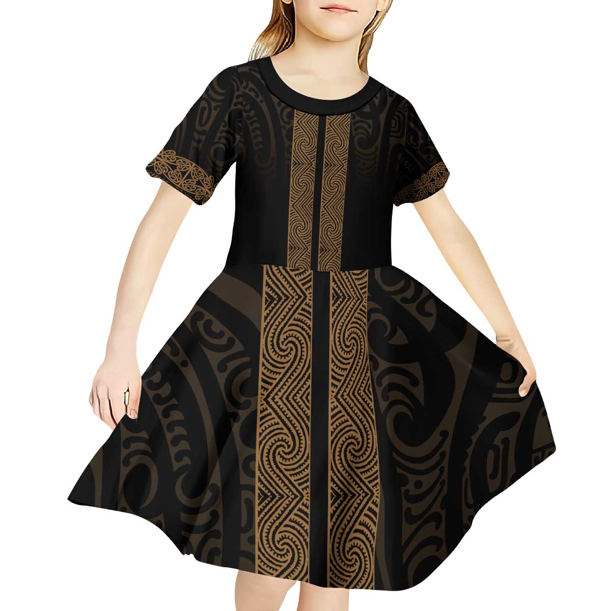 New Zealand Maori Kowhaiwhai Kid Short Sleeve Dress Parauri Maui and Mangopare LT9 - Polynesian Pride
