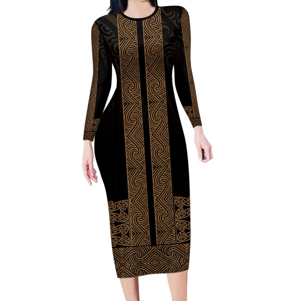 New Zealand Maori Kowhaiwhai Long Sleeve Bodycon Dress Parauri Maui and Mangopare LT9 Long Dress Brown - Polynesian Pride