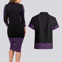 New Zealand Maori Kowhaiwhai Couples Matching Long Sleeve Bodycon Dress and Hawaiian Shirt Waiporoporo Maui and Mangopare LT9 - Polynesian Pride