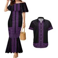 New Zealand Maori Kowhaiwhai Couples Matching Mermaid Dress and Hawaiian Shirt Waiporoporo Maui and Mangopare LT9 Purple - Polynesian Pride