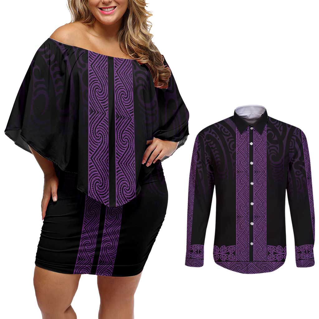New Zealand Maori Kowhaiwhai Couples Matching Off Shoulder Short Dress and Long Sleeve Button Shirt Waiporoporo Maui and Mangopare LT9 Purple - Polynesian Pride