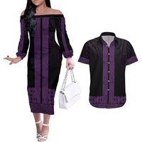 New Zealand Maori Kowhaiwhai Couples Matching Off The Shoulder Long Sleeve Dress and Hawaiian Shirt Waiporoporo Maui and Mangopare LT9 Purple - Polynesian Pride