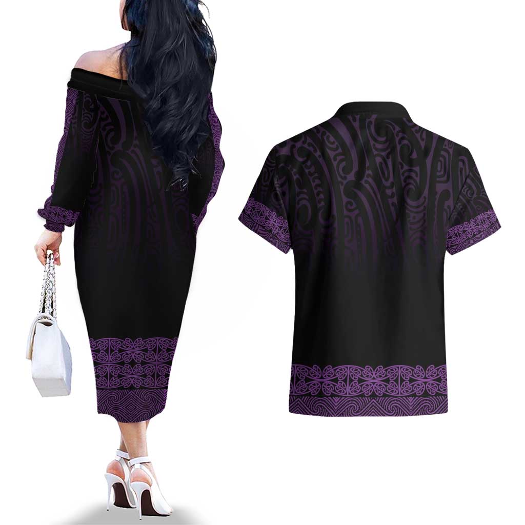 New Zealand Maori Kowhaiwhai Couples Matching Off The Shoulder Long Sleeve Dress and Hawaiian Shirt Waiporoporo Maui and Mangopare LT9 - Polynesian Pride