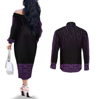 New Zealand Maori Kowhaiwhai Couples Matching Off The Shoulder Long Sleeve Dress and Long Sleeve Button Shirt Waiporoporo Maui and Mangopare LT9 - Polynesian Pride