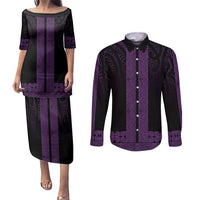 New Zealand Maori Kowhaiwhai Couples Matching Puletasi and Long Sleeve Button Shirt Waiporoporo Maui and Mangopare LT9 Purple - Polynesian Pride