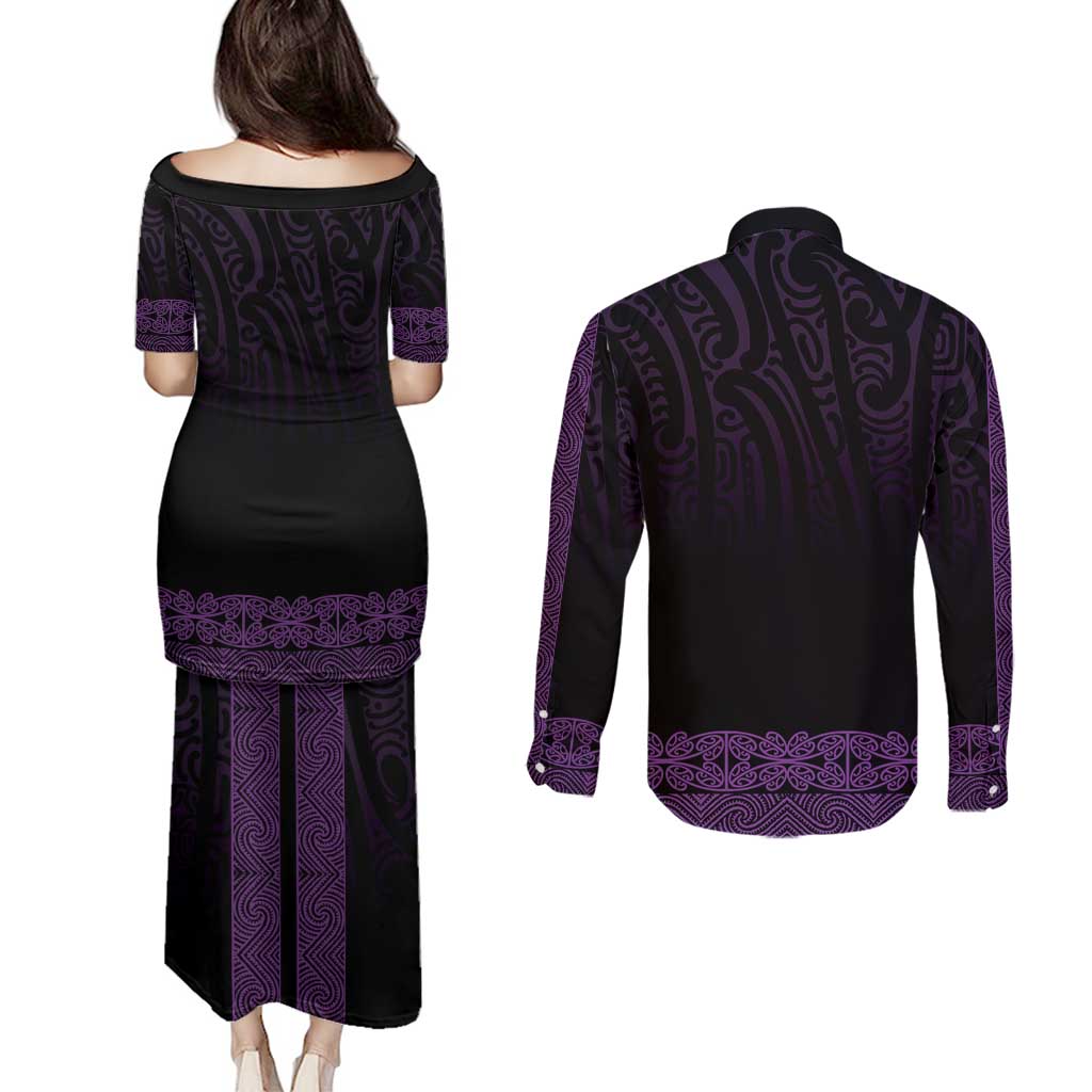 New Zealand Maori Kowhaiwhai Couples Matching Puletasi and Long Sleeve Button Shirt Waiporoporo Maui and Mangopare LT9 - Polynesian Pride