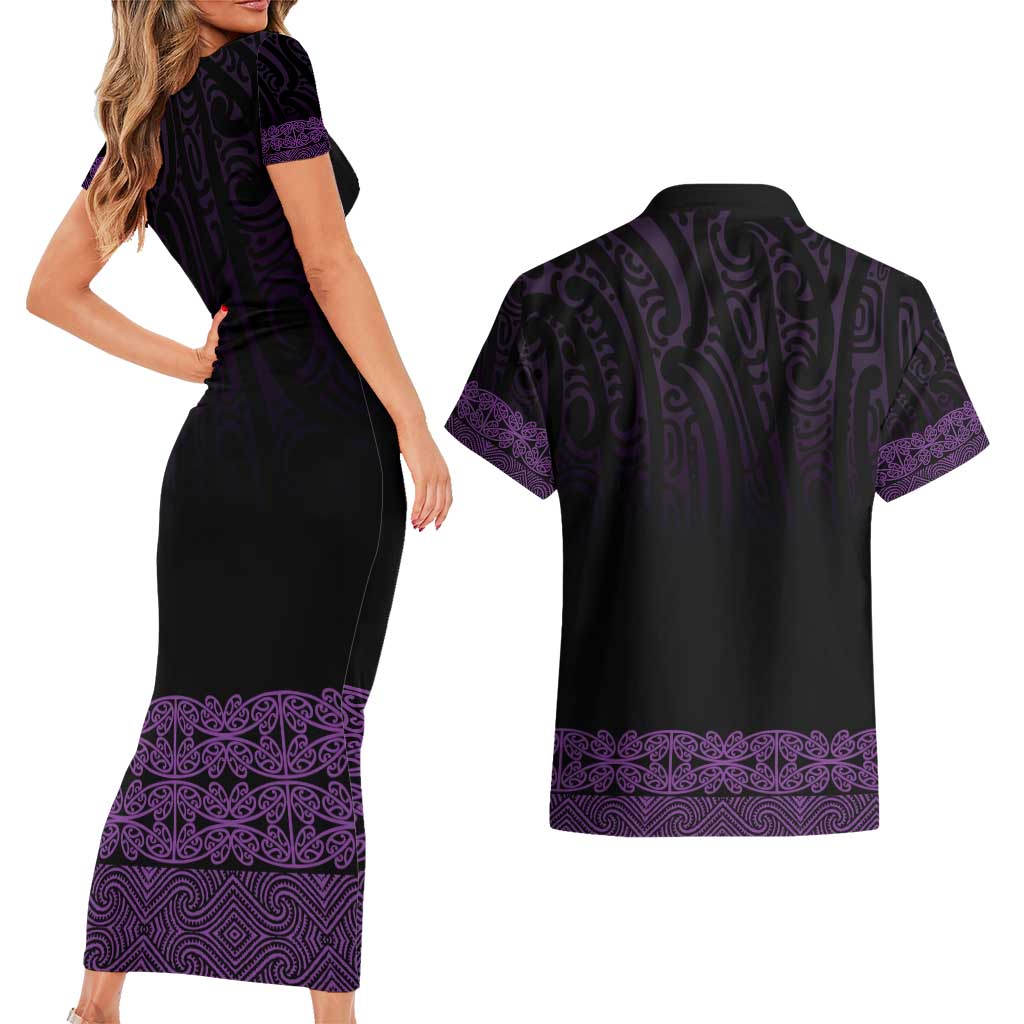 New Zealand Maori Kowhaiwhai Couples Matching Short Sleeve Bodycon Dress and Hawaiian Shirt Waiporoporo Maui and Mangopare LT9 - Polynesian Pride