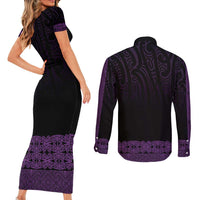 New Zealand Maori Kowhaiwhai Couples Matching Short Sleeve Bodycon Dress and Long Sleeve Button Shirt Waiporoporo Maui and Mangopare LT9 - Polynesian Pride