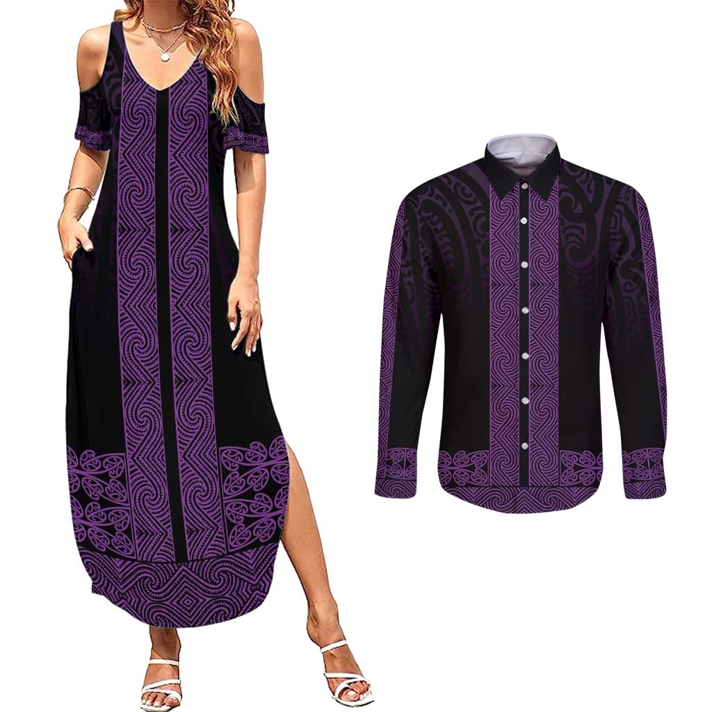 New Zealand Maori Kowhaiwhai Couples Matching Summer Maxi Dress and Long Sleeve Button Shirt Waiporoporo Maui and Mangopare LT9 Purple - Polynesian Pride