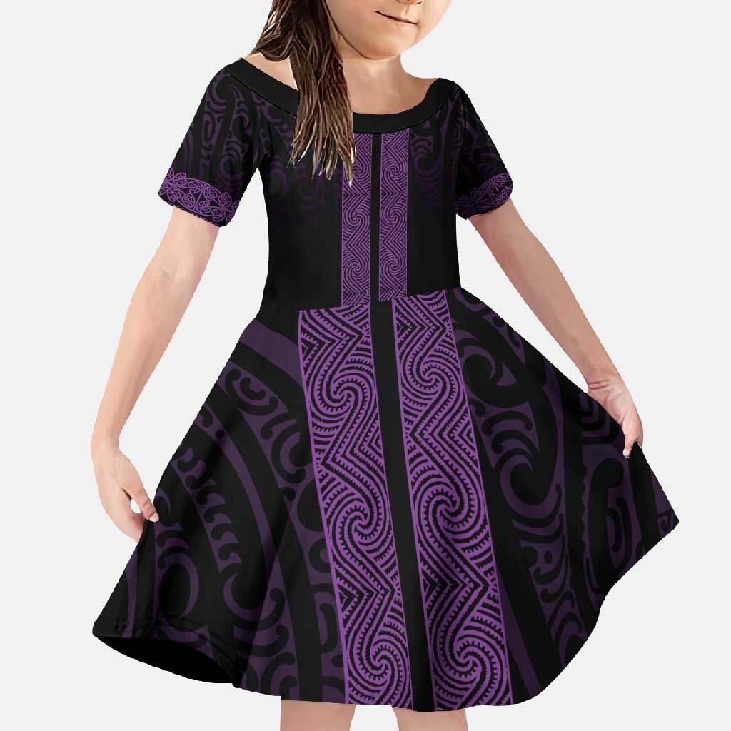 New Zealand Maori Kowhaiwhai Family Matching Long Sleeve Bodycon Dress and Hawaiian Shirt Waiporoporo Maui and Mangopare LT9 Daughter's Dress Purple - Polynesian Pride