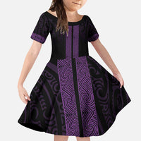 New Zealand Maori Kowhaiwhai Family Matching Long Sleeve Bodycon Dress and Hawaiian Shirt Waiporoporo Maui and Mangopare LT9 Daughter's Dress Purple - Polynesian Pride