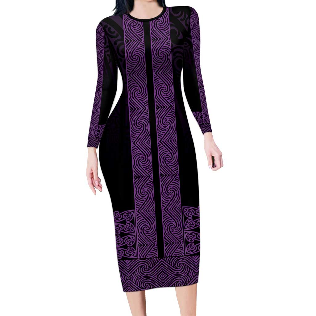 New Zealand Maori Kowhaiwhai Family Matching Long Sleeve Bodycon Dress and Hawaiian Shirt Waiporoporo Maui and Mangopare LT9 Mom's Dress Purple - Polynesian Pride
