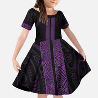 New Zealand Maori Kowhaiwhai Family Matching Off The Shoulder Long Sleeve Dress and Hawaiian Shirt Waiporoporo Maui and Mangopare LT9 Daughter's Dress Purple - Polynesian Pride