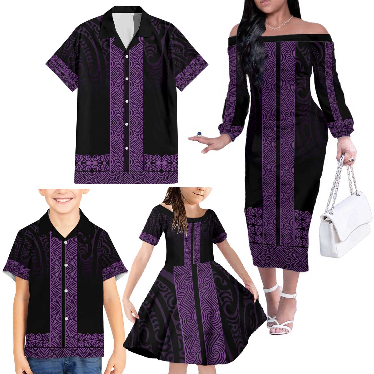 New Zealand Maori Kowhaiwhai Family Matching Off The Shoulder Long Sleeve Dress and Hawaiian Shirt Waiporoporo Maui and Mangopare LT9 - Polynesian Pride
