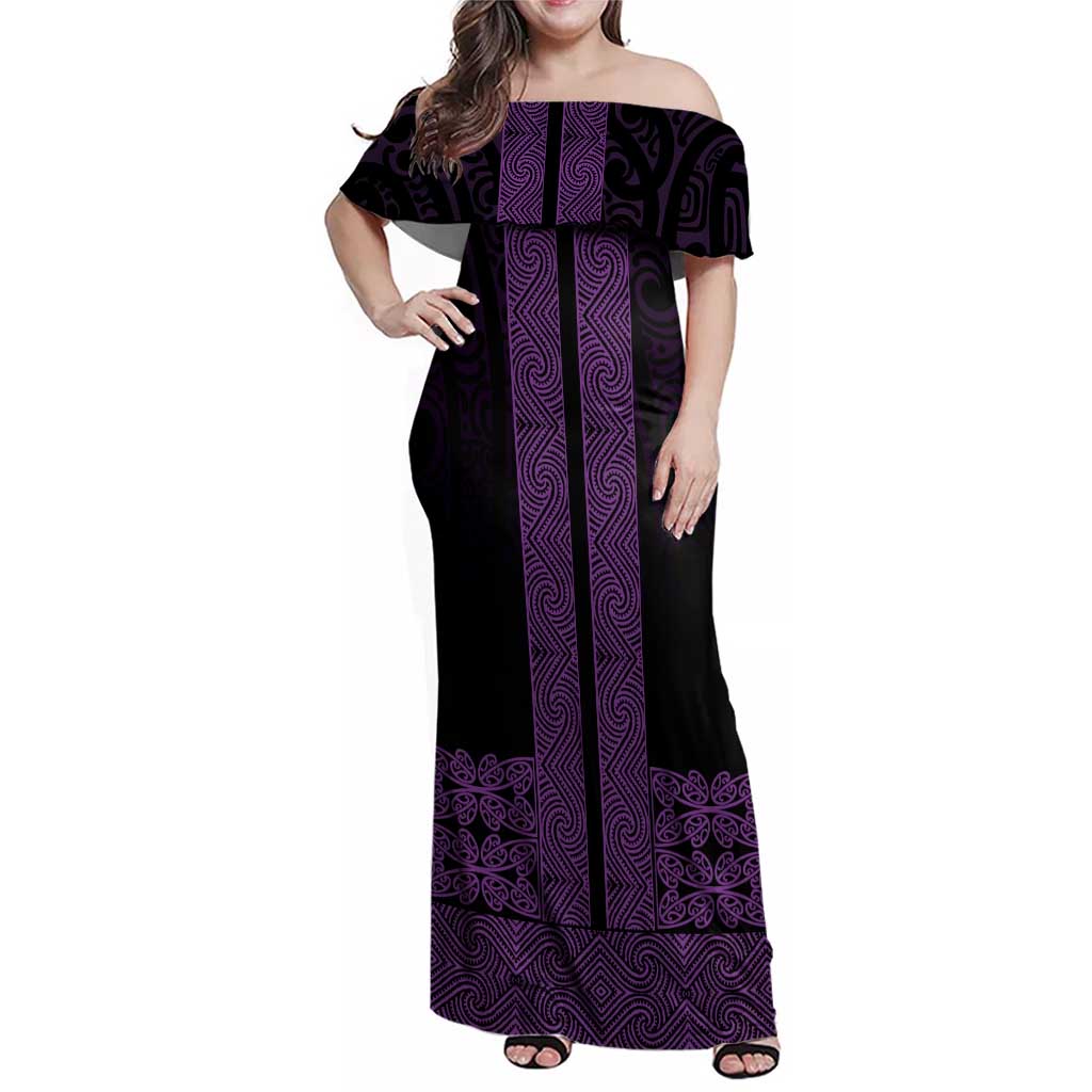 New Zealand Maori Kowhaiwhai Family Matching Off Shoulder Maxi Dress and Hawaiian Shirt Waiporoporo Maui and Mangopare LT9 Mom's Dress Purple - Polynesian Pride