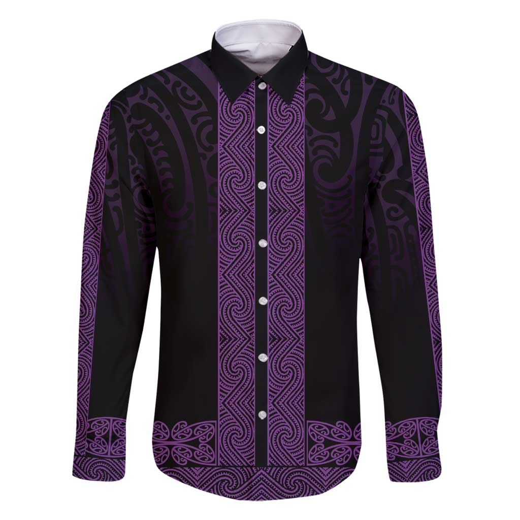 New Zealand Maori Kowhaiwhai Family Matching Off Shoulder Short Dress and Hawaiian Shirt Waiporoporo Maui and Mangopare LT9 Dad's Shirt - Long Sleeve Purple - Polynesian Pride