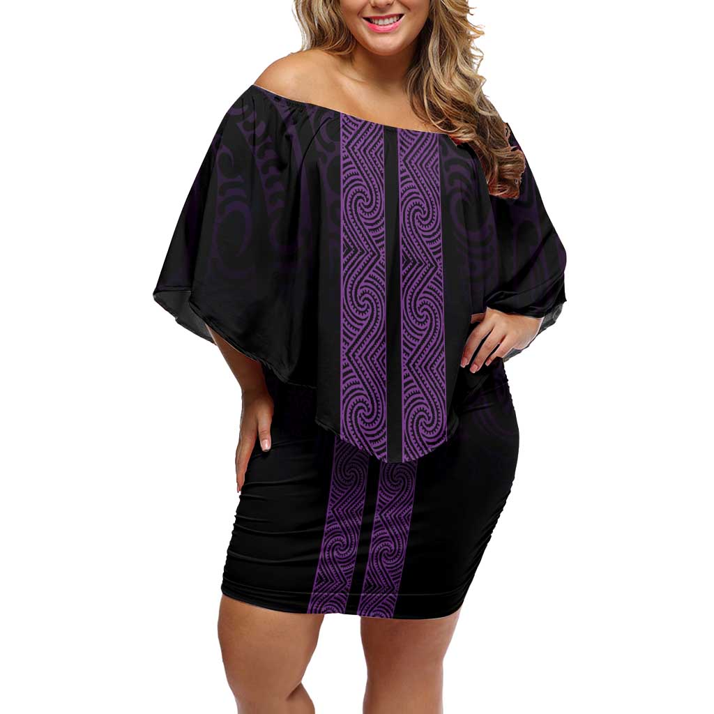 New Zealand Maori Kowhaiwhai Family Matching Off Shoulder Short Dress and Hawaiian Shirt Waiporoporo Maui and Mangopare LT9 Mom's Dress Purple - Polynesian Pride