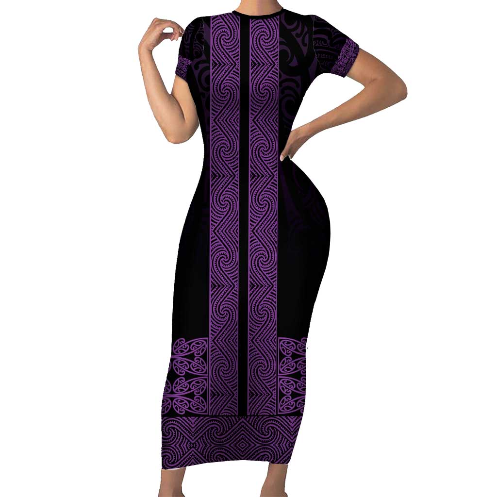 New Zealand Maori Kowhaiwhai Family Matching Short Sleeve Bodycon Dress and Hawaiian Shirt Waiporoporo Maui and Mangopare LT9 Mom's Dress Purple - Polynesian Pride