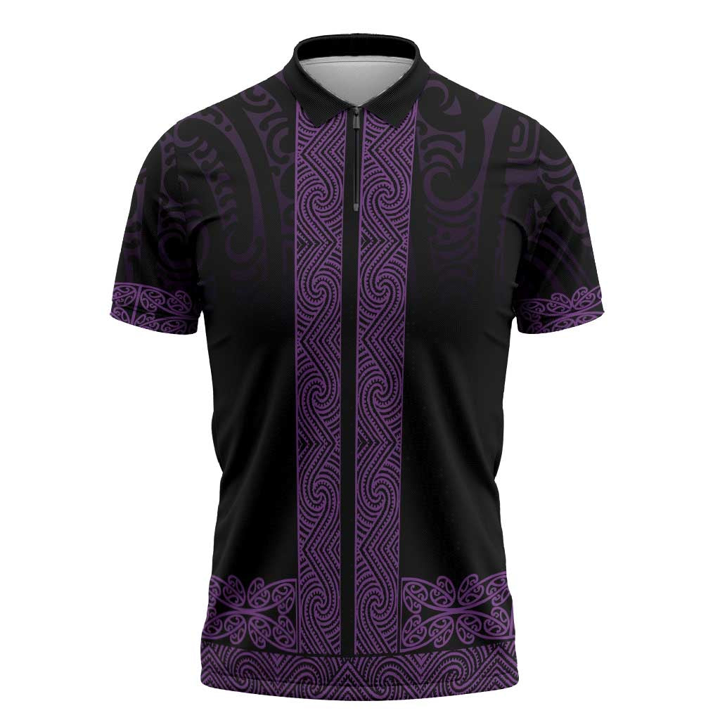 New Zealand Maori Kowhaiwhai Zipper Polo Shirt Waiporoporo Maui and Mangopare LT9 Purple - Polynesian Pride