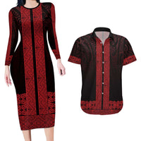 New Zealand Maori Kowhaiwhai Couples Matching Long Sleeve Bodycon Dress and Hawaiian Shirt Whero Maui and Mangopare LT9 Red - Polynesian Pride