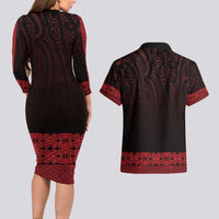 New Zealand Maori Kowhaiwhai Couples Matching Long Sleeve Bodycon Dress and Hawaiian Shirt Whero Maui and Mangopare LT9 - Polynesian Pride