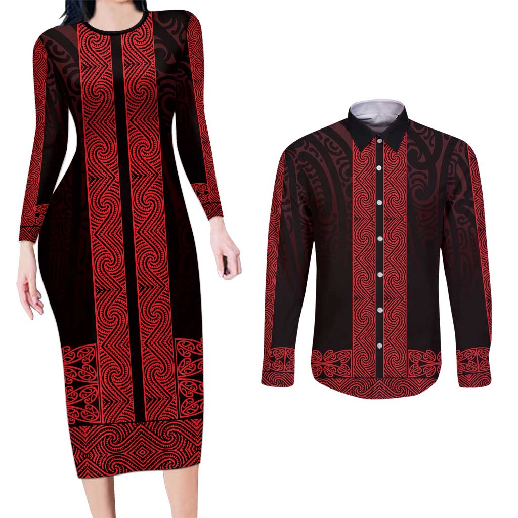 New Zealand Maori Kowhaiwhai Couples Matching Long Sleeve Bodycon Dress and Long Sleeve Button Shirt Whero Maui and Mangopare LT9 Red - Polynesian Pride