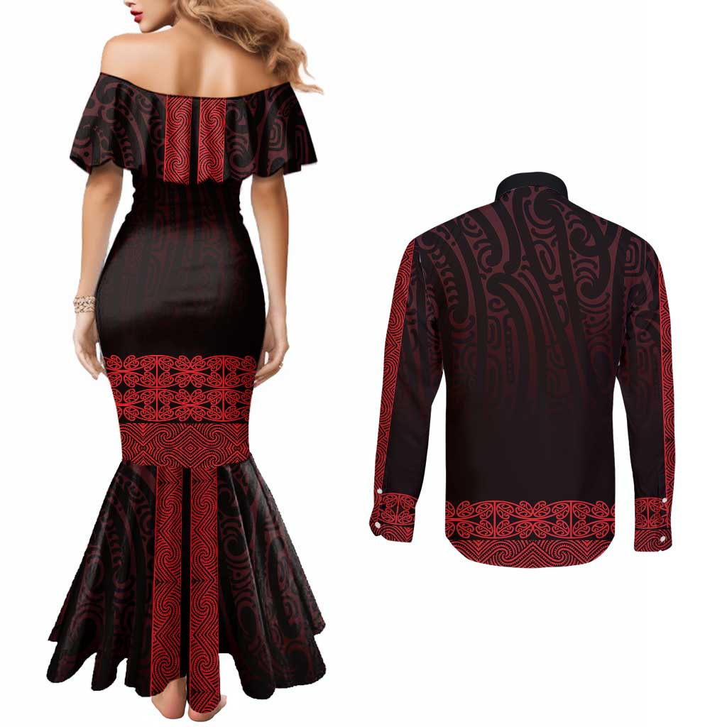 New Zealand Maori Kowhaiwhai Couples Matching Mermaid Dress and Long Sleeve Button Shirt Whero Maui and Mangopare LT9 - Polynesian Pride