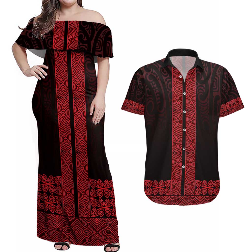 New Zealand Maori Kowhaiwhai Couples Matching Off Shoulder Maxi Dress and Hawaiian Shirt Whero Maui and Mangopare LT9 Red - Polynesian Pride