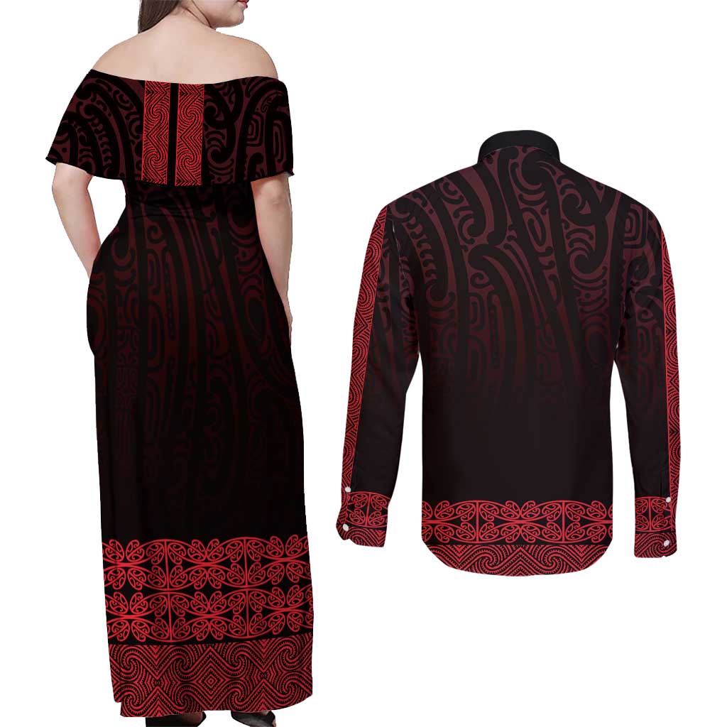 New Zealand Maori Kowhaiwhai Couples Matching Off Shoulder Maxi Dress and Long Sleeve Button Shirt Whero Maui and Mangopare LT9 - Polynesian Pride