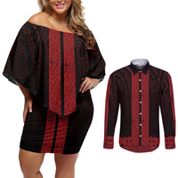 New Zealand Maori Kowhaiwhai Couples Matching Off Shoulder Short Dress and Long Sleeve Button Shirt Whero Maui and Mangopare LT9 Red - Polynesian Pride